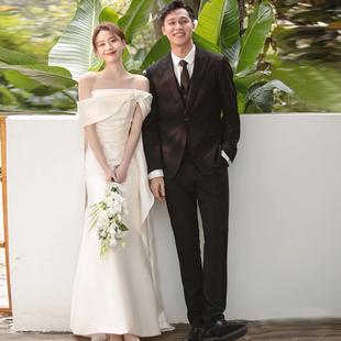 Korean Style Wedding Dress 2025 New Style Simple Retro One-Shoulder Bride Wedding Dress Fashionable Satin Outing Gauze Women's Spring