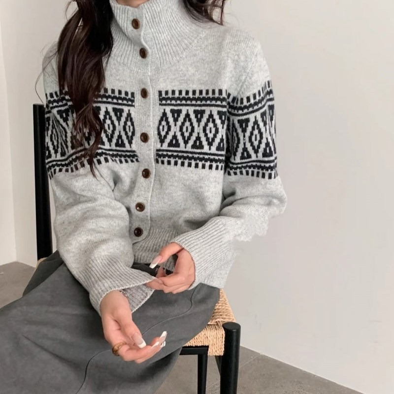 2025 Autumn and Winter Stand-Up Collar American Single-Breasted Cardigan Design Knitted Knitwear Retro Fair Isle Jacquard Knitwear Jacket for Women