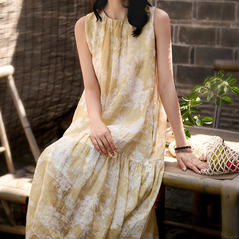 Seaside Vacation Cool Ramie Printed Sleeveless Dress Loose Long Vest Skirt Summer New Women's Clothing