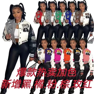 WB9121 欧美女装春秋新款螺纹棒球服工厂货源印花款开衫外套批发