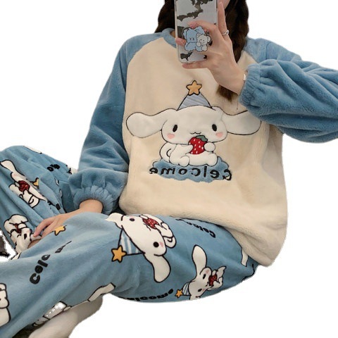 Pijamas de conejo de oreja larga de dibujos animados de franela cuello redondo de las mujeres lindo nuevo invierno coral polar de dos piezas de ropa para el hogar Generación de cabello