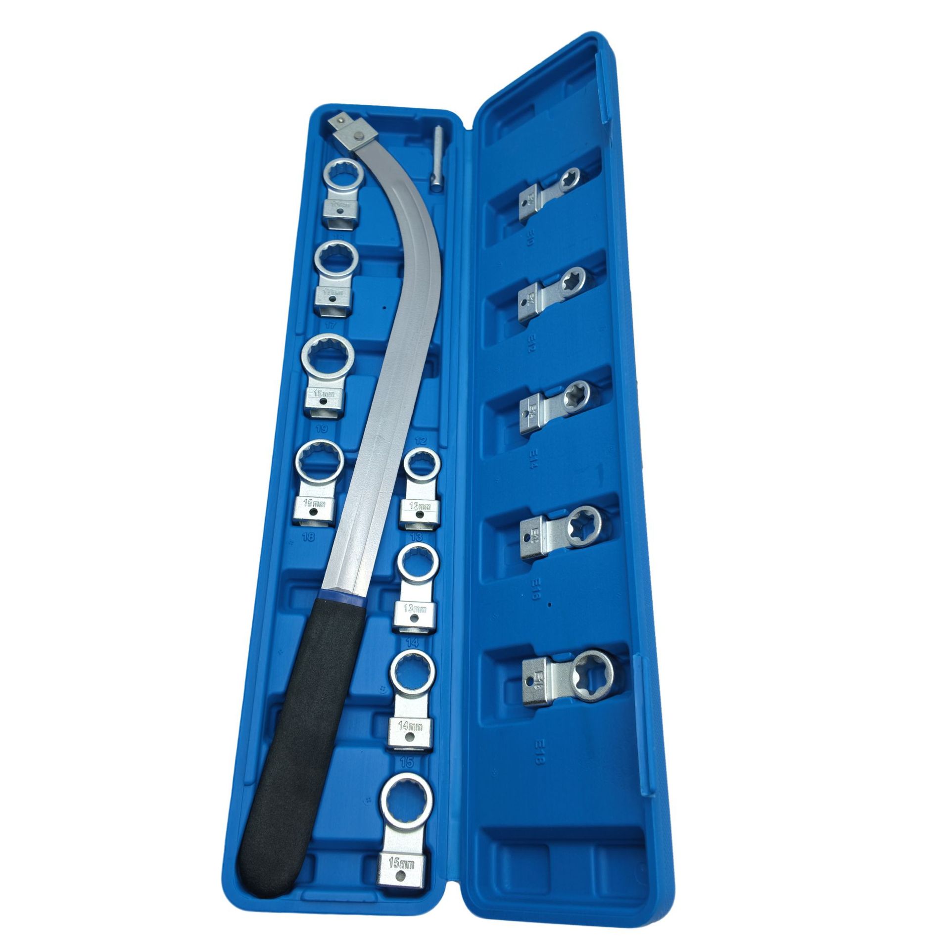 15-piece automotive engine belt tool set, including adjustable wrenches, belt pulley removal and installation tools, and tensioner tools, specifically designed for automotive repair