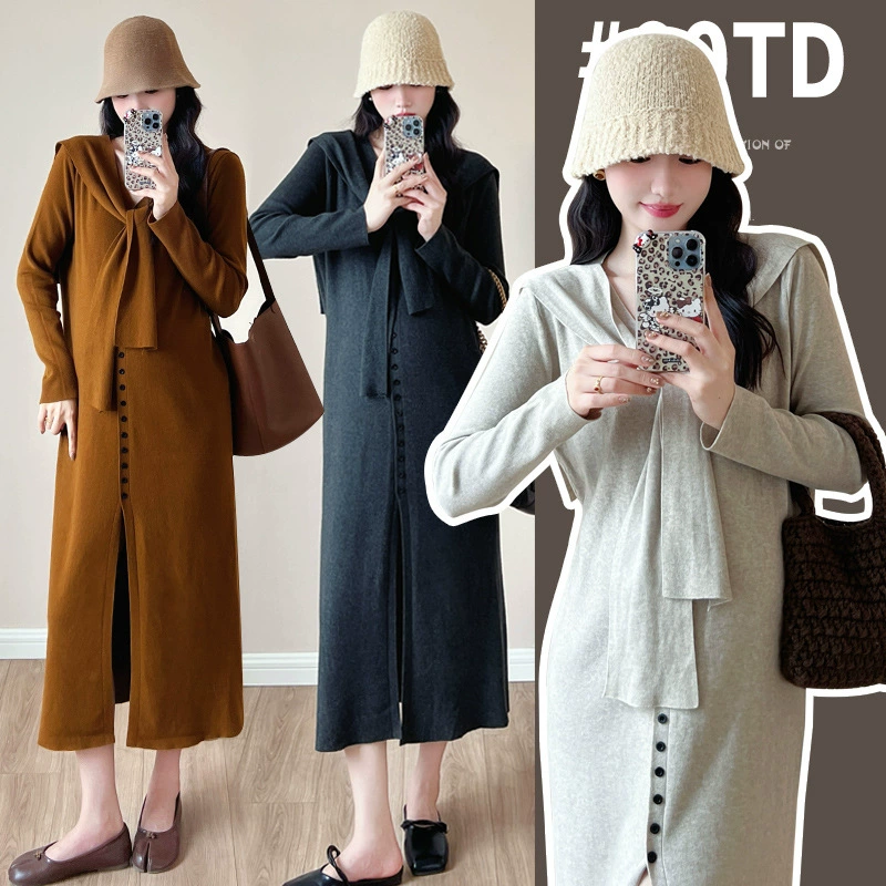 Одежда для беременных Осенняя одежда 2024 новый осенний ленивый ветер вязаный свитер платье модное модное осеннее и зимнее платье