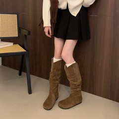 蘑糯糯同款内增高绒面堆堆靴长筒靴女靴子2025秋冬季V口显瘦长靴