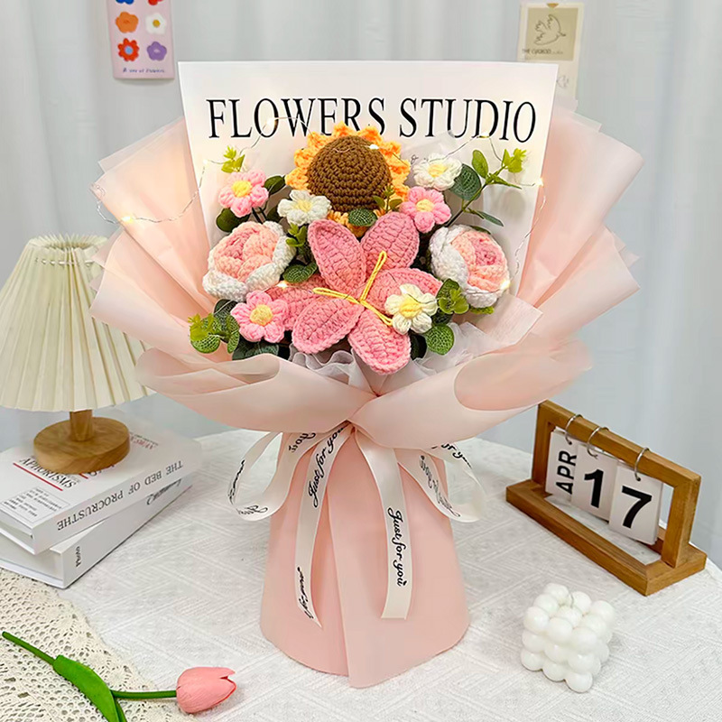 Productos transfronterizos acabados de lana tejido flores hechas a mano girasol trenzado regalos de vacaciones decoración flores falsas al por mayor