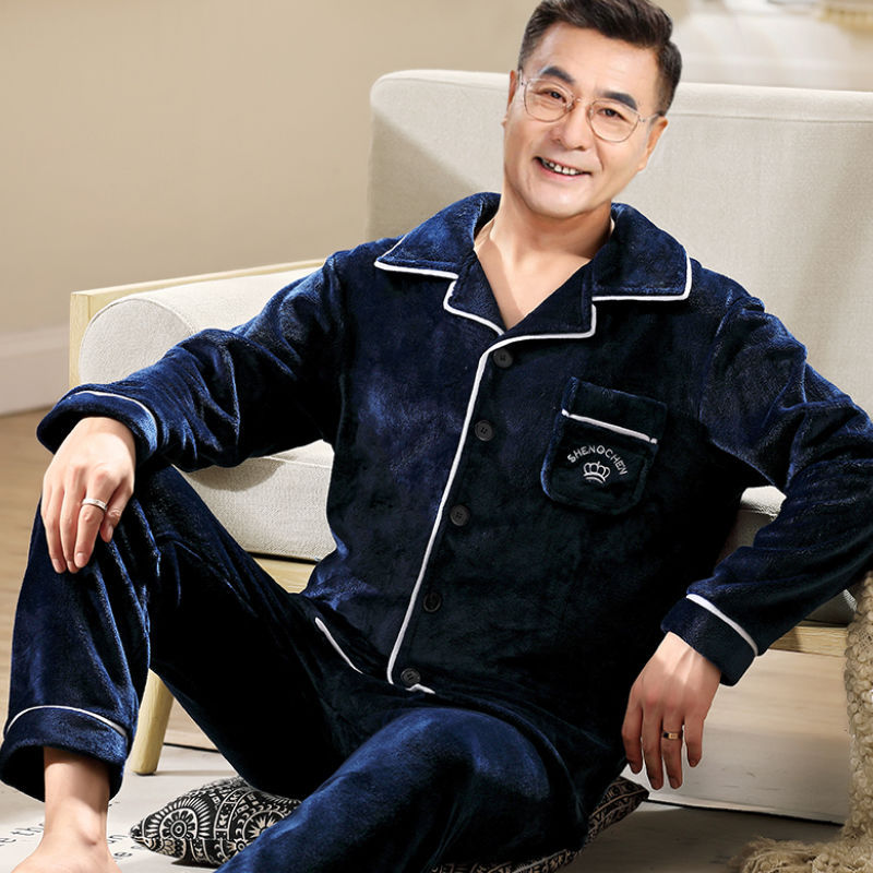 Hombres de mediana edad pijamas de terciopelo de coral otoño cuatro estaciones más terciopelo papá abuelo conjunto de ropa de franela para el hogar