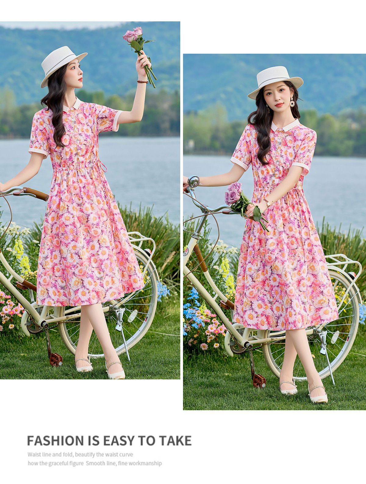 Đầm maxi nữ thắt eo họa tiết hoa nhí dáng suông rộng tay ngắn — màu đỏ chi tiết 16