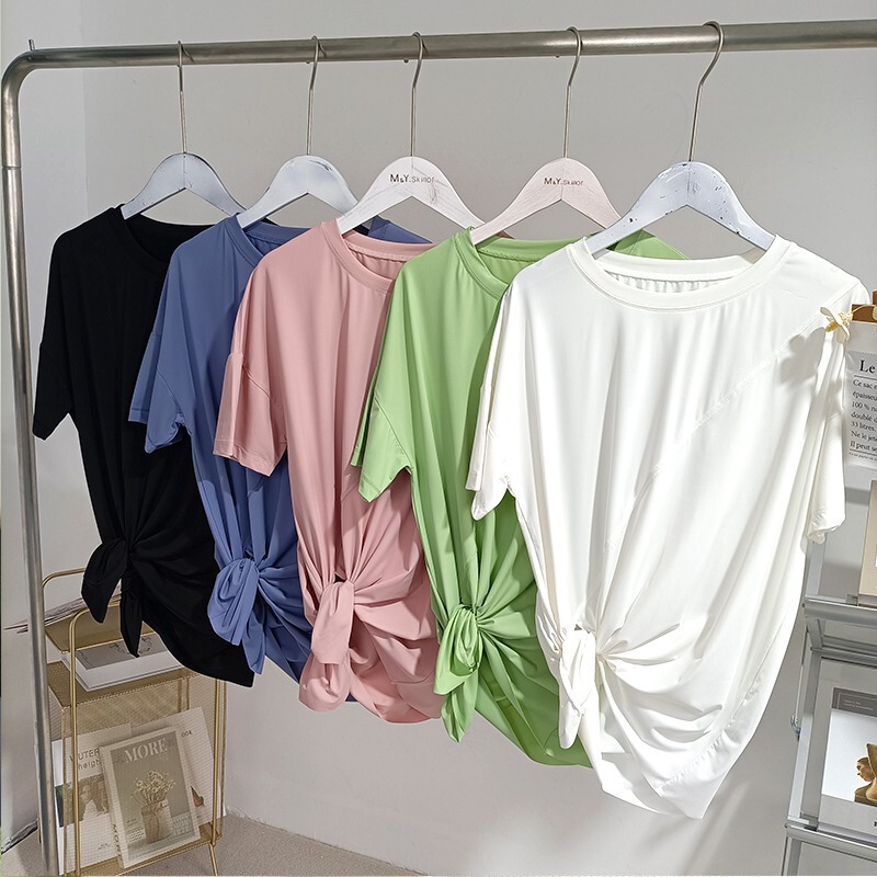 lulu Same Style Yoga Split Short-sleeved Women's Summer Quick-drying Breathable Round Neck Sports T-shirt Loose Large Size Casual Top