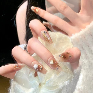 Autumn and Winter Brown blush camellia flower wear nail patch finished product temperament White nail piece long nail piece