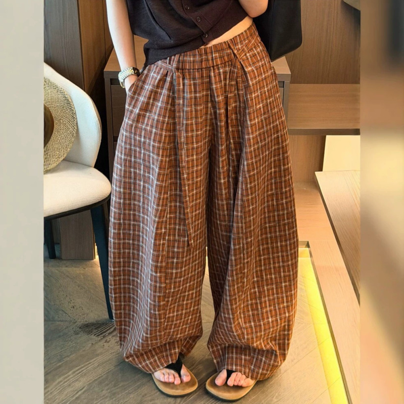 Casual retro plaid wide-leg pants for women, autumn 2026 new style, high-waisted, loose, slimming, straight-leg, drawstring casual pants