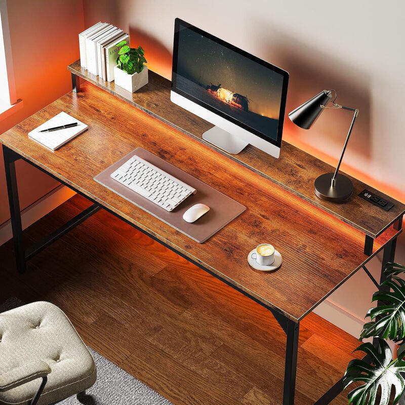 Computer Desk with Led Strip Light and USB Power Socket Computer Desk with Monitor Stand Computer Gaming Desk Home Office