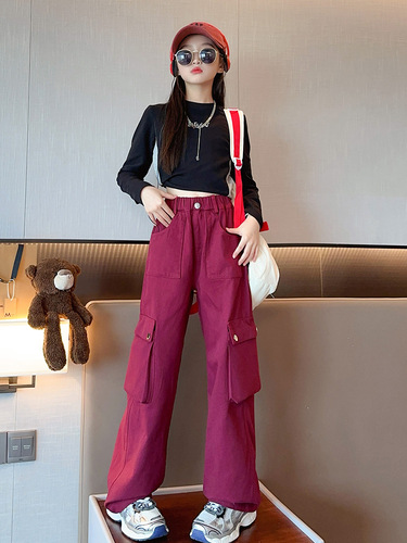 Kids' Han Version Spring and Autumn Style Pants 2025 Middle Kids Trendy Loose Button Work Pants Wide Leg Long Pants Fashion