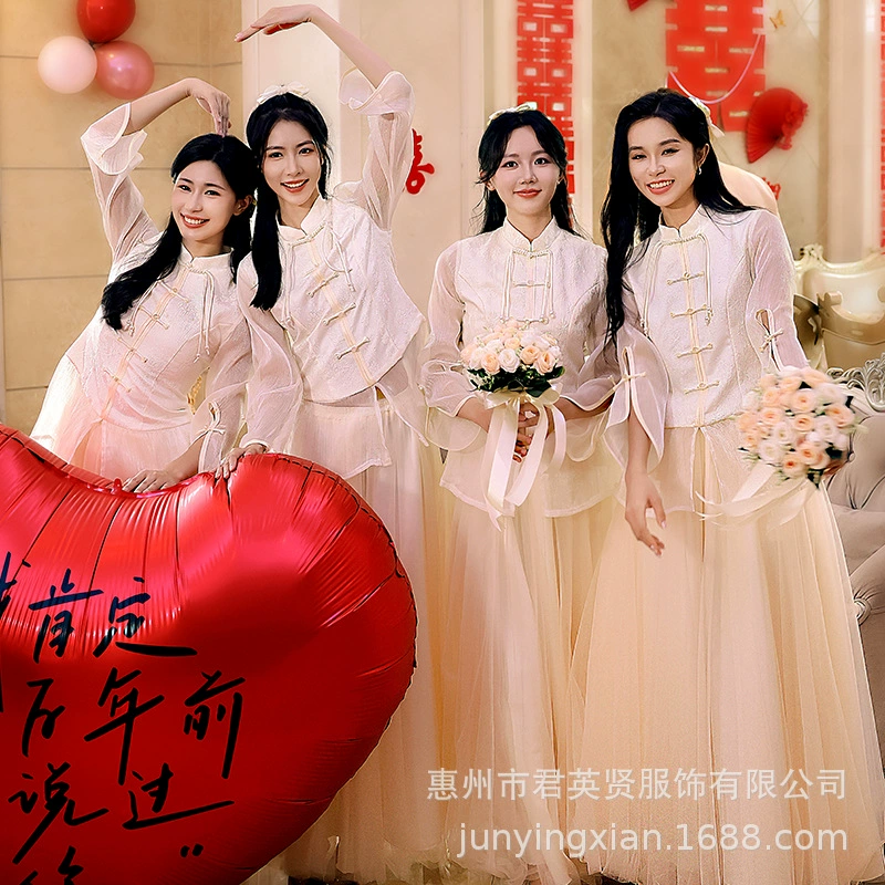 Нарядные платья подружек невесты в китайском стиле для женщин, лето 2025, новая коллекция, платья для подружек невесты в стиле сестринской группы, элегантные, высококачественные, сказочные платья-ципао для невесты и подружек невесты.