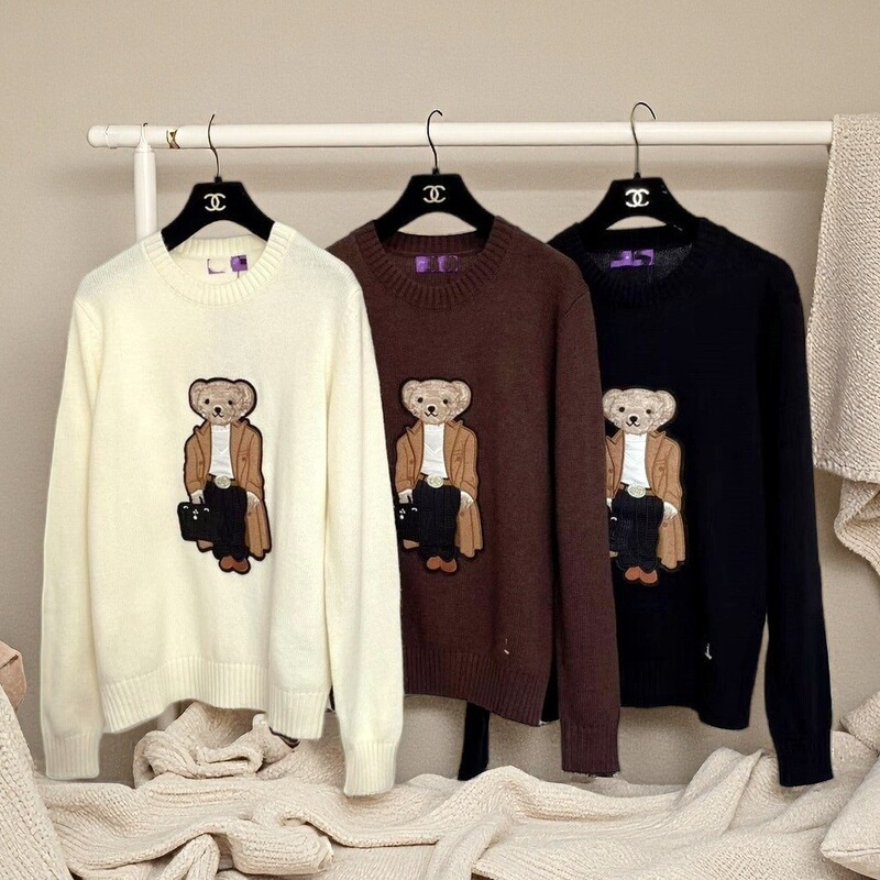 Rl Ralf Round-Neck Casual Loose-Fitting Stylish Long Coat with Bear Embroidery Round-Neck Knitted Pullover for Women