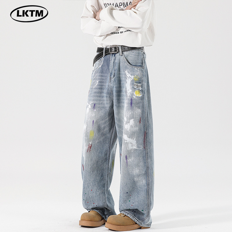 LKTM Men's# American Retro Niche Design Graffiti Jeans Men's and Women's Loose Straight Mid-Waist Pants