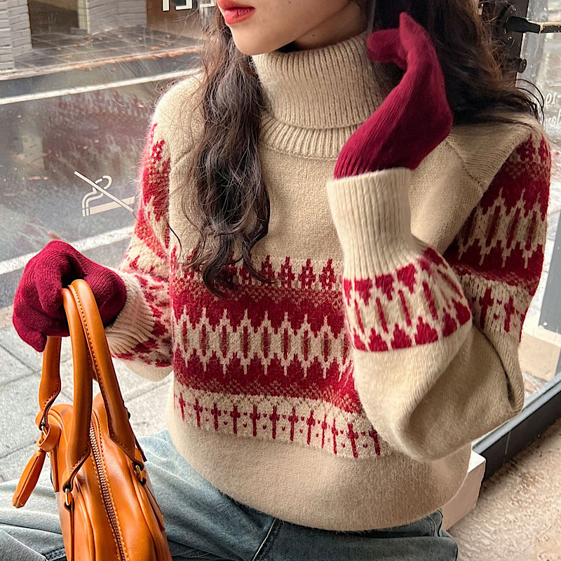 Special offer Christmas style jacquard geometric pattern thickened sweater women 2023 Winter turtleneck pullover warm top 5733
