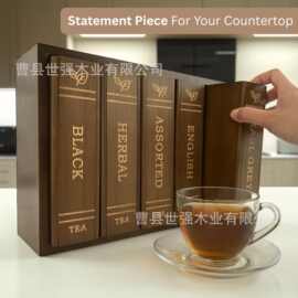 木质书籍造型收纳盒分隔茶包存储盒滑动盖咖啡包存储桌面摆件装饰