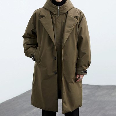 2023 winter new pattern Korean Edition overcoat coat man Trend False two Hooded Mid length version Windbreaker