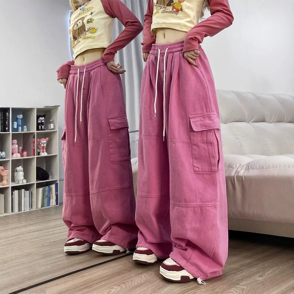 美式复古粉色工装裤男女春秋直筒宽松阔腿高腰显瘦休闲裤牛仔裤子