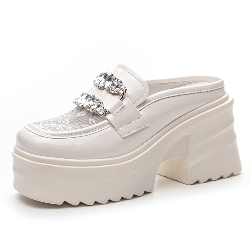 Baotou Half Slippers Women's Mesh Rhinestone Outer Wear Small Leather Shoes Spring and Summer 2024 New Style Increased Thick Sole High Heel Slip-on