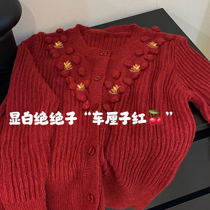 フランス風の雰囲気のワインレッドvネックの刺繍セーターのカーディガン女性の春のゆるいニットコートの短い上着|undefined