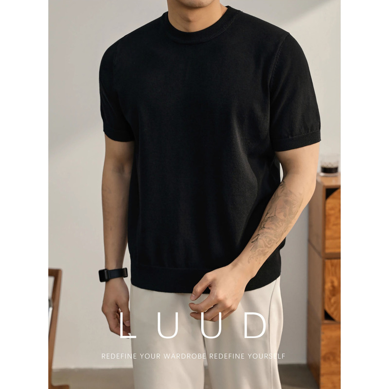 Summer New Short-Sleeved Knitwear Men's Solid Color Ice Silk Slim Round Neck Business Suit with Foreign Trade Cross-Border Wholesale