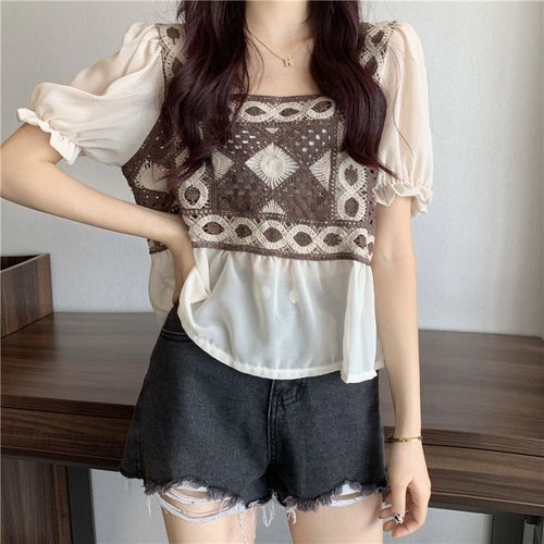 Designed chiffon crochet hollow short knitted T-shirt for women summer new sweet chic puff sleeve top trendy