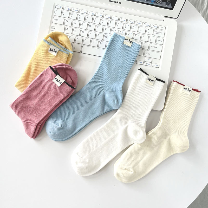 Dopamine tide cream colored children's spring and summer breathable middle tube pile fabric label women's socks, double_voghion.com