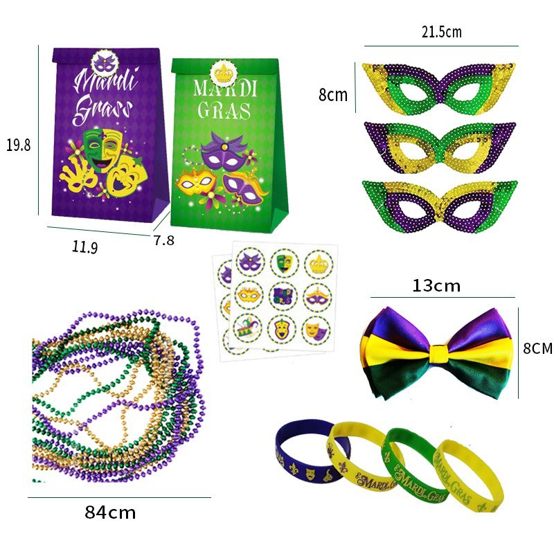 Accesorios para el Cabello de Carnaval de Mardi Gras, Máscara Tricolor, Corbata de Moño, Cadena de Cuentas Electrochapadas, Conjunto para Fiesta de Carnaval
