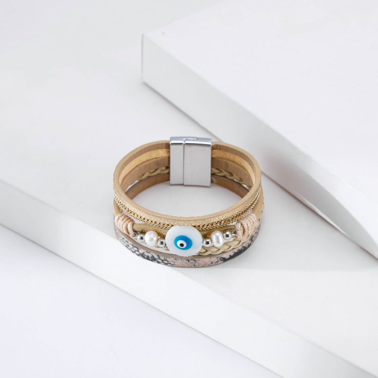 Bohemian multi-layer woven devilu0027s eye pearl leather bracelet