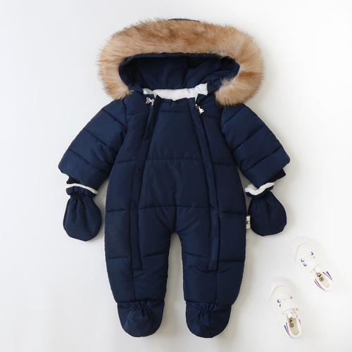 Cross-border exclusive faux fur hooded winter baby suit with integrated mittens, 2024 new climbing suit for babies