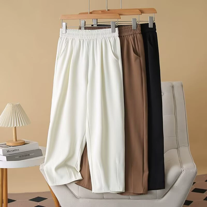 Женский костюм больших размеров, широкие брюки, лето 2025, новые женские брюки большого размера, свободные длинные брюки с эластичной резинкой на талии, 2529