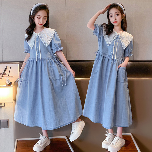 2024 Summer New Style Dress for Older Girls: Chic Denim Knee-Length Skirt Perfect for Students