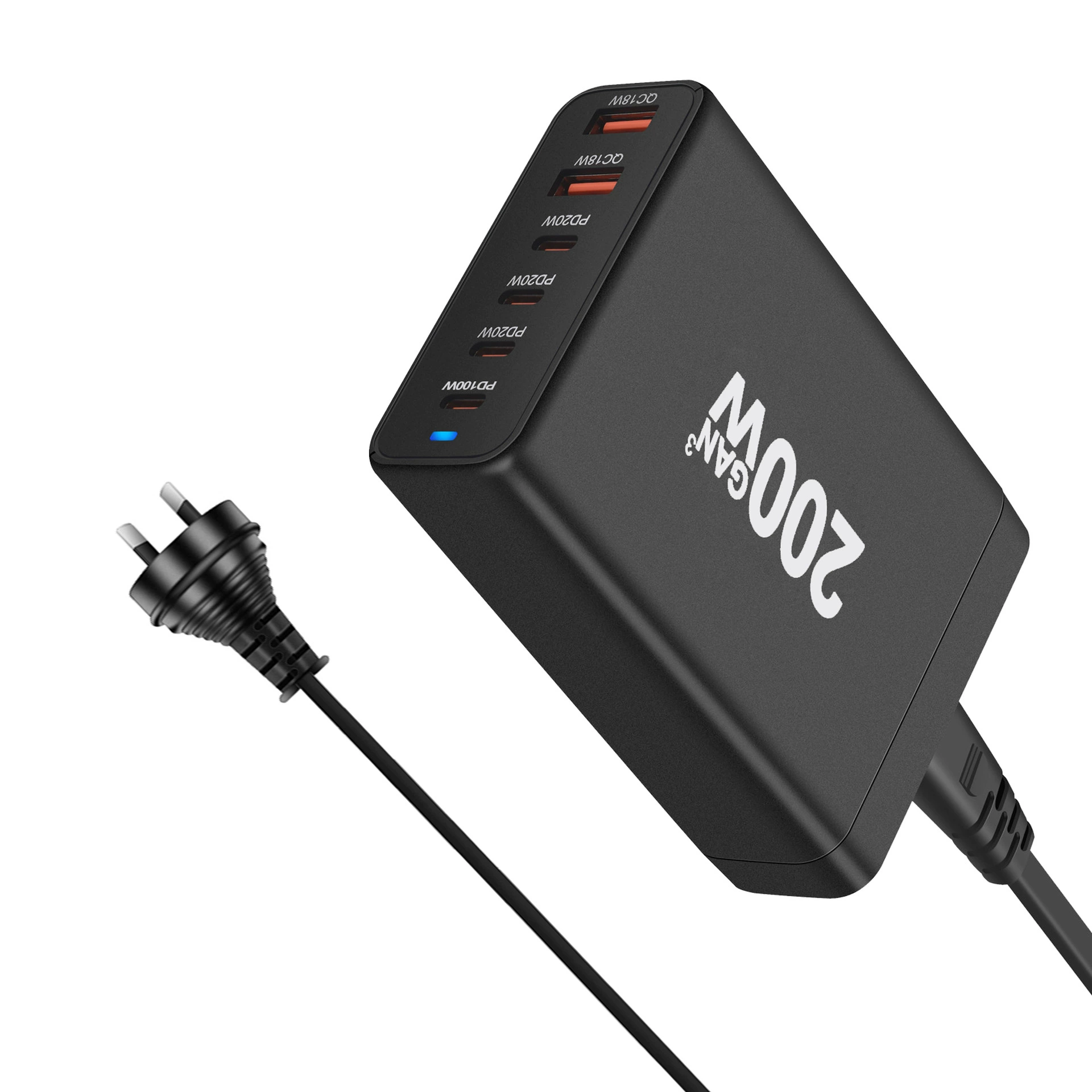 Зарядное устройство GaN на 200W, многоразъемное PD/QC USB-C & USB-A, сменные-plug варианты (US/EU/UK/AU)