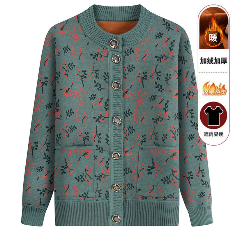 Middle-Aged and Elderly Grandma Knitwear Cardigan, Elderly Plus Fat Autumn and Winter Velvet Jacket, Female Mother's Knitted Knitwear, Warm Clothing