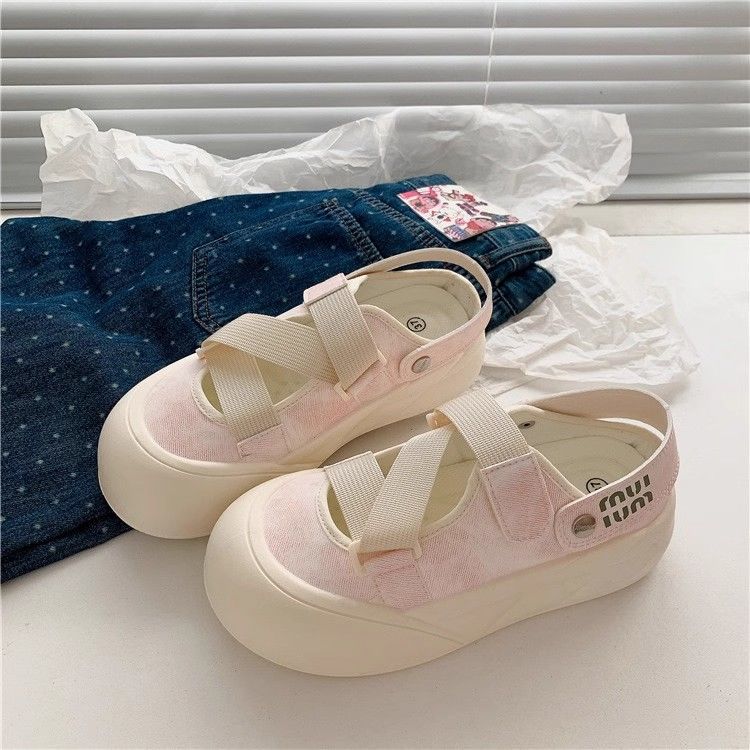 Zapatos blancos de un pie para mujeres 2024 otoño nuevos zapatos de mujer de verano Velcro zapatos casuales universales cabeza redonda