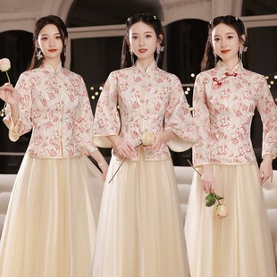 Chinese Bridesmaid Dress Plus Size 2024 New Summer Chinese Style Sisters Dress Bridesmaid Group Satin Xiu Wo Cheongsam Dress