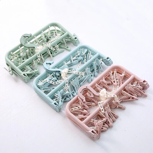Plastic adult windproof foldable clothes hanger children's baby pantyhose hanger household multi-head drying clothes hanger 32 clips