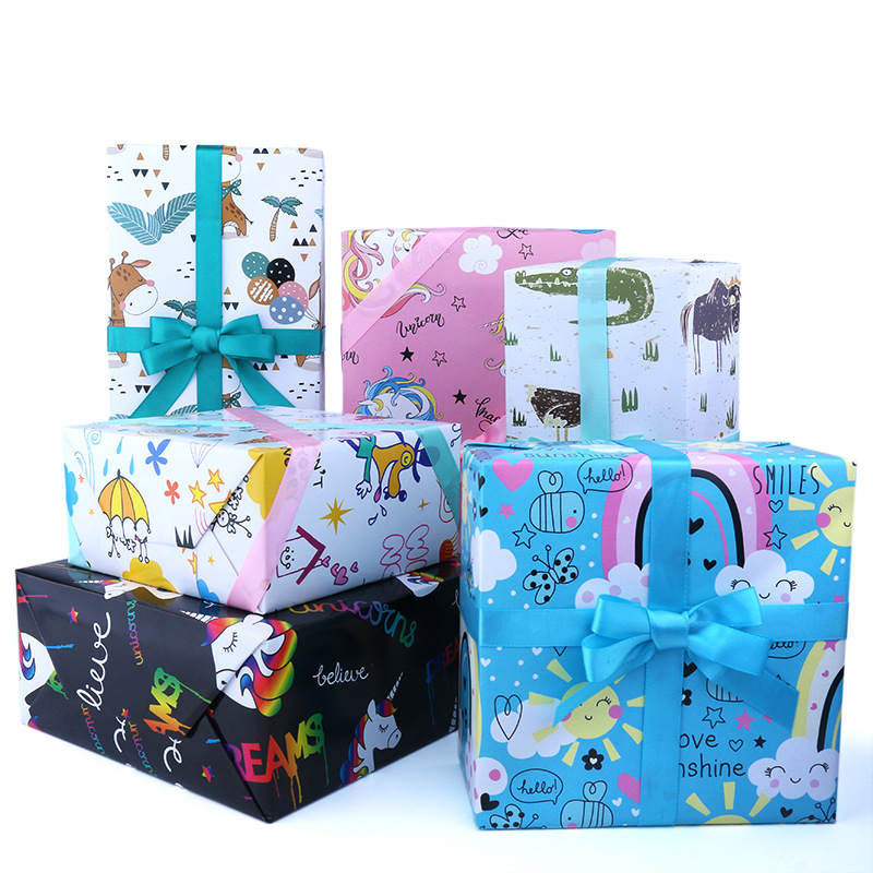 Regalo de animales de dibujos animados papel recubierto de vacaciones impresión regalo papel de regalo de cumpleaños papel de embalaje al por mayor