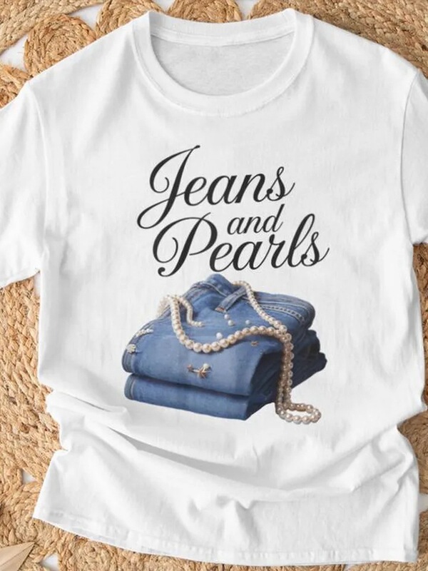 Women's Denim Jeans & Pearl Graphic T-Shirt, Short-Sleeved T-Shirt, Single-Sided Print, Round Neck, Casual Top, Suitable for All Seasons