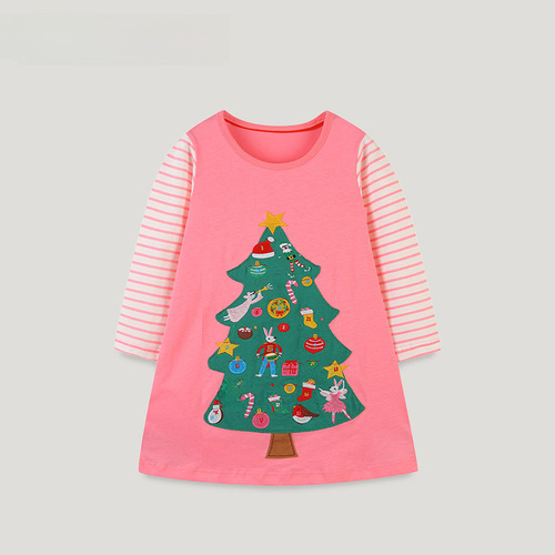 European and American-style girls' long-sleeve dress | Autumn new arrival | Knitted cotton cartoon Christmas tree princess dress | Drop shipping available