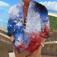 跨境外贸热销立领多粒扣长袖男式衬衫春秋季时尚休闲3D印花开衫