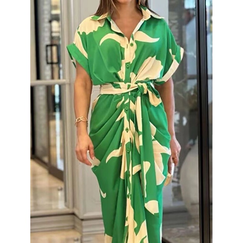 European and American Style Printed Women's Long Dress Shirt Dress, New Pleated Long Shirt Dress, Vintage Button Short-Sleeve Floral Pattern European and American Style Printed Women's Long Dress Shirt Dress, New Pleated Long Shirt Dress, Vintage Button Short-Sleeve Floral Pattern