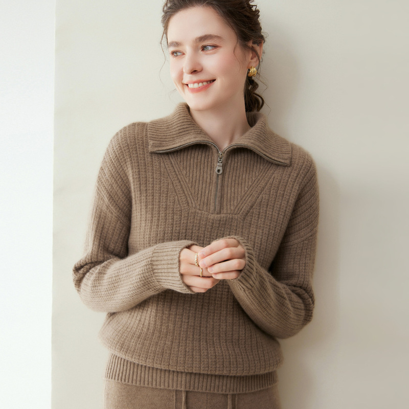 100% cashmere 2026 autumn and winter new women's loose-fit Polo collar zip-up sweatshirt base knit sweater 100% cashmere 2026 autumn and winter new women's loose-fit Polo collar zip-up sweatshirt base knit sweater