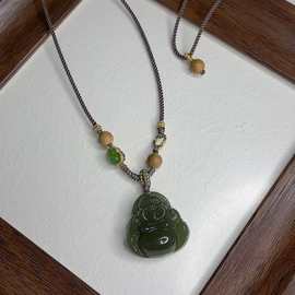 新品新中式汉服古风和田玉大肚佛S925银葫芦项链毛衣链高级感