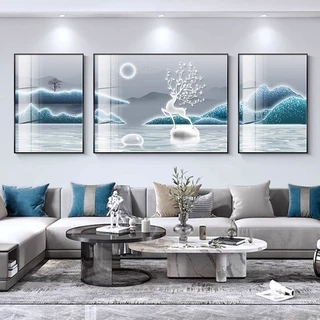 福鹿山水客厅装饰画轻奢高级感沙发背景墙抽象三联挂画高档壁画