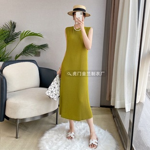 Sanzhai Qianying Pleated vest dress high-end elegant slimming dress elegant all-match age-reducing solid color dress