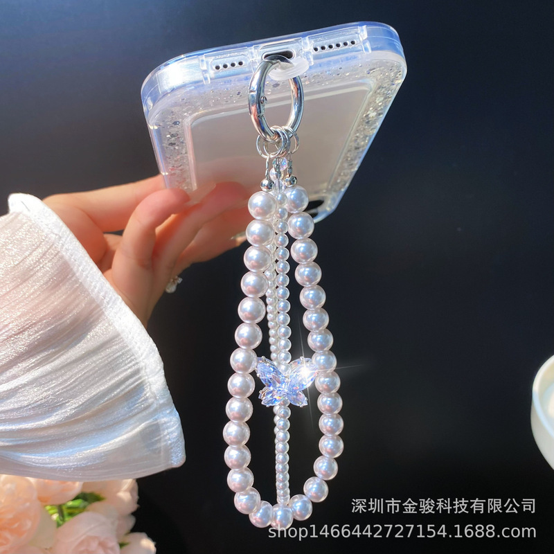大華パール携帯電話チェーンリストストラップ携帯電話吊り下げチェーン蝶ジルコン新作高級感ダブルチェーン女性卸売|undefined