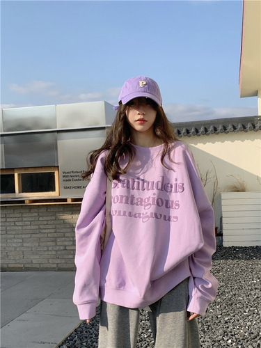 Women's Long-Sleeve Padded Sweatshirt with Letter Print for Autumn/Winter, Loose Fit, Casual Student Top