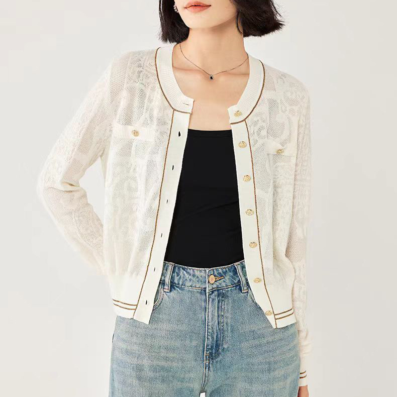 Yajia 2025 New Long-Sleeve Round-Neck Wool Cardigan with a Chanel-Style Knit, Versatile Geometric Pattern for Women